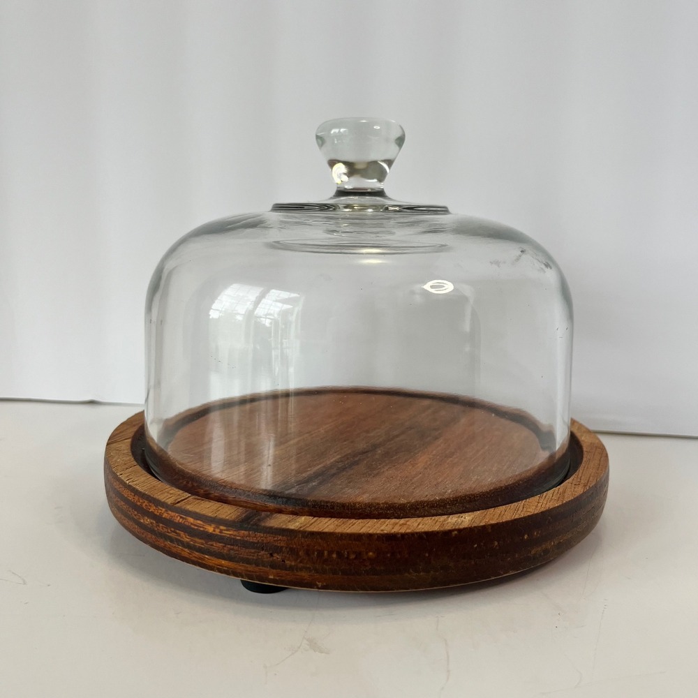 Goodwood Vintage Teak Wood Cheese Dome Glass Cloche Mid Century Modern‎ Serving
